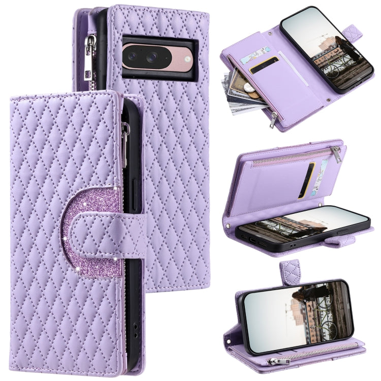 For Google Pixel 9 / 9 Pro Glitter Lattice Zipper Wallet Leather Phone Case(Purple) - Google Cases by buy2fix | Online Shopping UK | buy2fix