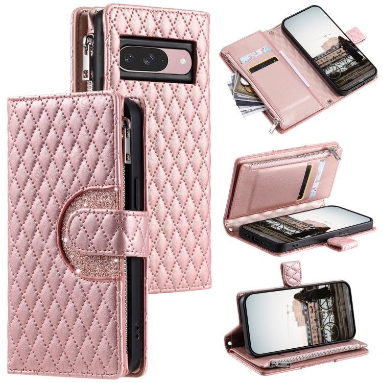 For Google Pixel 9 / 9 Pro Glitter Lattice Zipper Wallet Leather Phone Case(Rose Gold) - Google Cases by buy2fix | Online Shopping UK | buy2fix