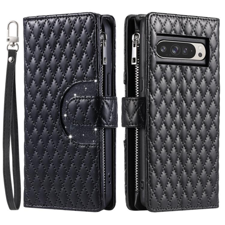 For Google Pixel 10 Pro XL Glitter Lattice Zipper Wallet Leather Phone Case(Black) - Google Cases by buy2fix | Online Shopping UK | buy2fix