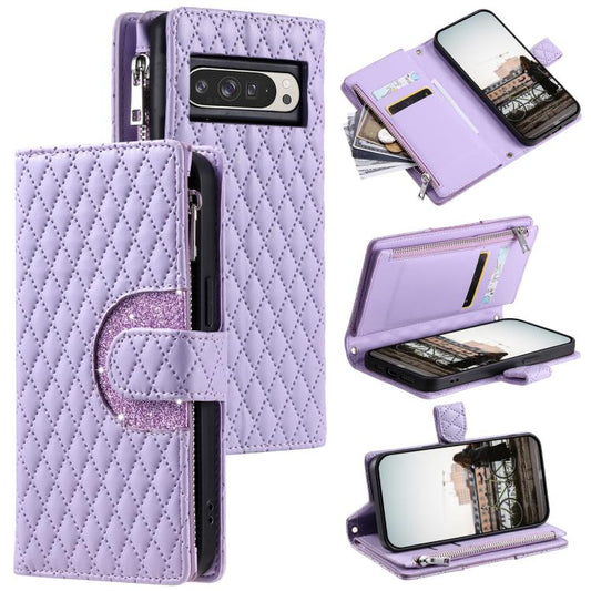 For Google Pixel 10 Pro XL Glitter Lattice Zipper Wallet Leather Phone Case(Purple) - Google Cases by buy2fix | Online Shopping UK | buy2fix