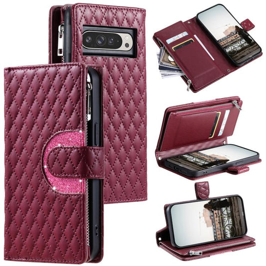 For Google Pixel 10 Pro XL Glitter Lattice Zipper Wallet Leather Phone Case(Wine Red) - Google Cases by buy2fix | Online Shopping UK | buy2fix