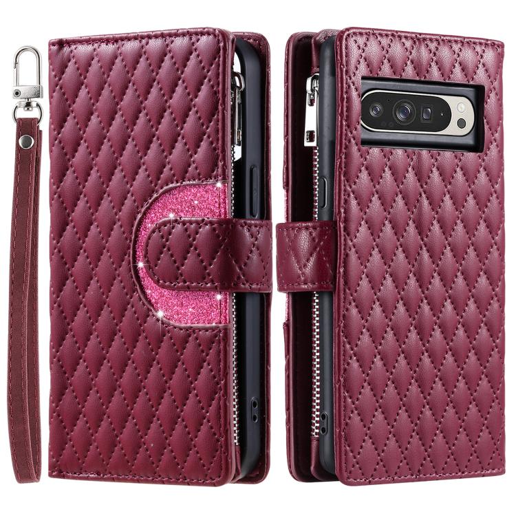 For Google Pixel 10 Pro XL Glitter Lattice Zipper Wallet Leather Phone Case(Wine Red) - Google Cases by buy2fix | Online Shopping UK | buy2fix