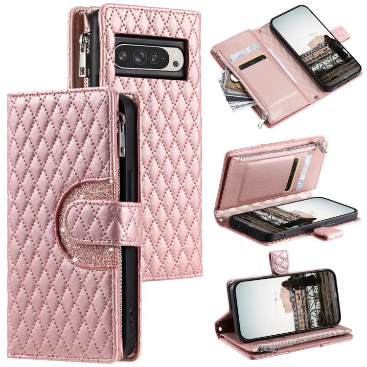 For Google Pixel 10 Pro XL Glitter Lattice Zipper Wallet Leather Phone Case(Rose Gold) - Google Cases by buy2fix | Online Shopping UK | buy2fix