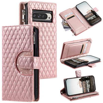 For Google Pixel 10 Pro XL Glitter Lattice Zipper Wallet Leather Phone Case(Rose Gold) - Google Cases by buy2fix | Online Shopping UK | buy2fix