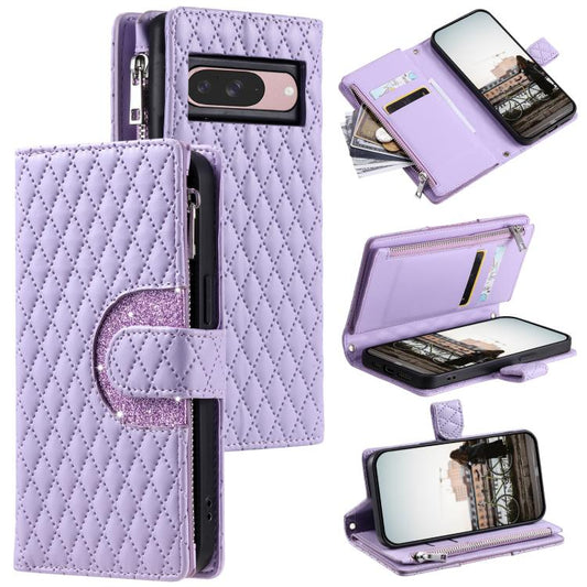 For Google Pixel 10 / 10 Pro Glitter Lattice Zipper Wallet Leather Phone Case(Purple) - Google Cases by buy2fix | Online Shopping UK | buy2fix