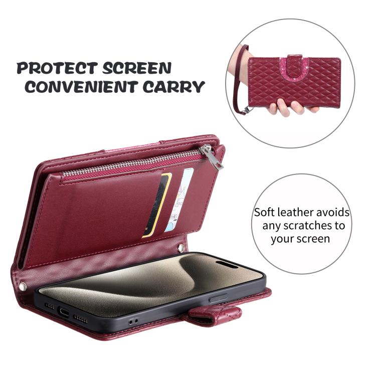 For Google Pixel 10 / 10 Pro Glitter Lattice Zipper Wallet Leather Phone Case(Wine Red) - Google Cases by buy2fix | Online Shopping UK | buy2fix