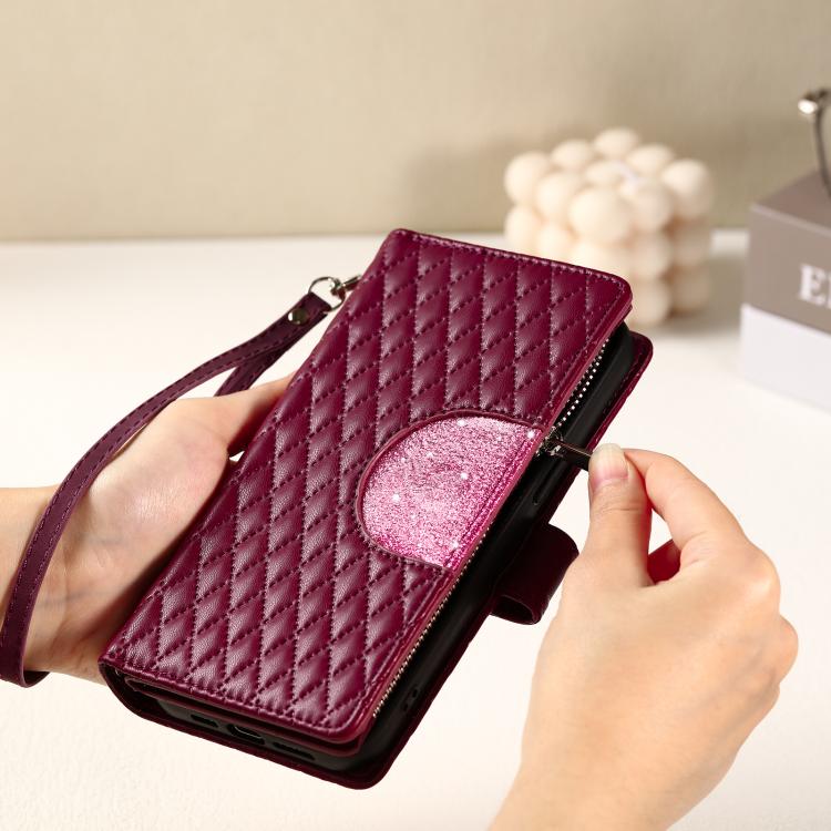 For Google Pixel 10 / 10 Pro Glitter Lattice Zipper Wallet Leather Phone Case(Wine Red) - Google Cases by buy2fix | Online Shopping UK | buy2fix