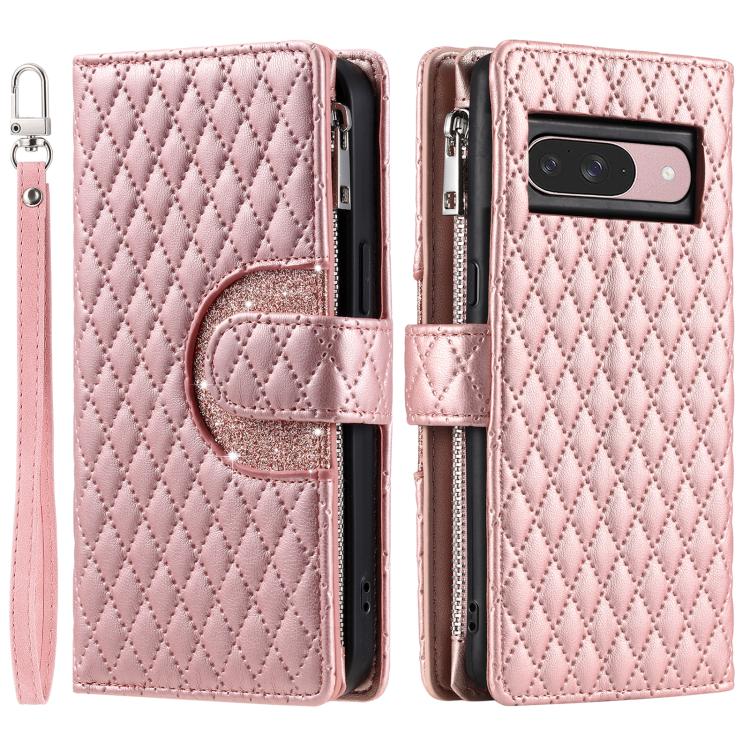 For Google Pixel 10 / 10 Pro Glitter Lattice Zipper Wallet Leather Phone Case(Rose Gold) - Google Cases by buy2fix | Online Shopping UK | buy2fix
