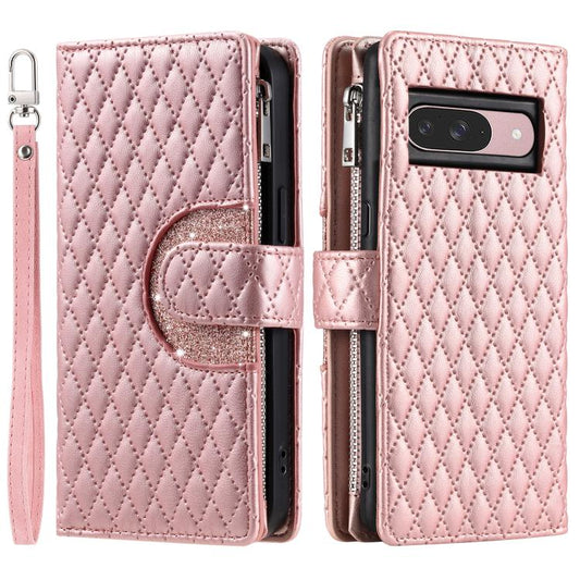 For Google Pixel 10 / 10 Pro Glitter Lattice Zipper Wallet Leather Phone Case(Rose Gold) - Google Cases by buy2fix | Online Shopping UK | buy2fix