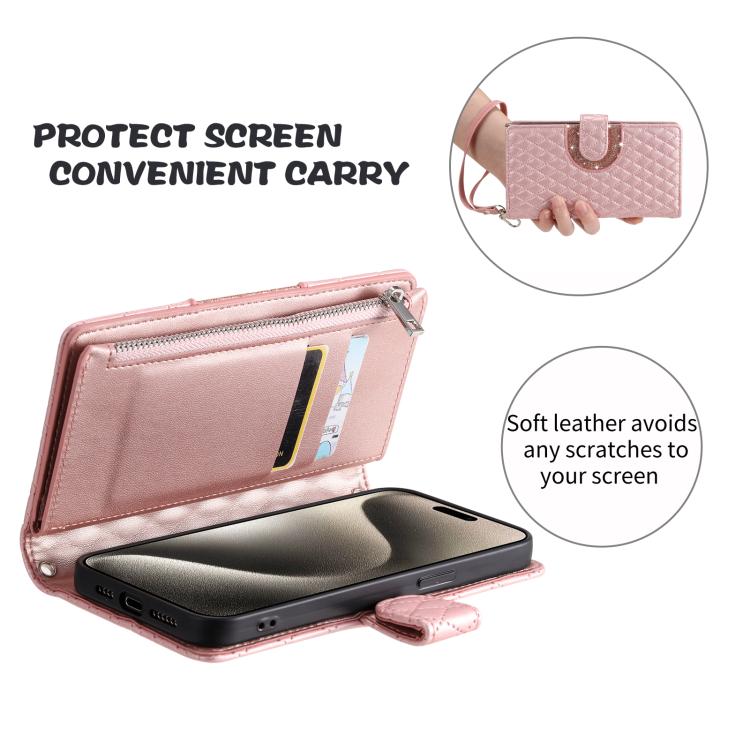 For Google Pixel 10 / 10 Pro Glitter Lattice Zipper Wallet Leather Phone Case(Rose Gold) - Google Cases by buy2fix | Online Shopping UK | buy2fix