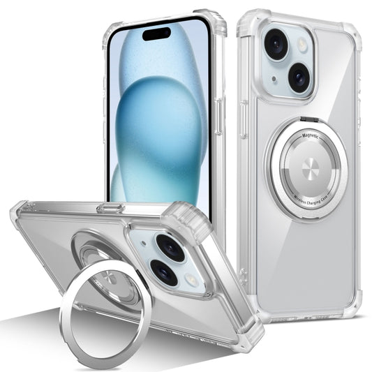 For iPhone 15 Plus Gold Shield CD Pattern MagSafe Magnetic Phone Case with Rotating Stand(Transparent) by buy2fix