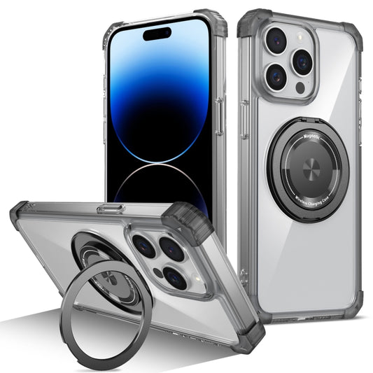 For iPhone 14 Pro Max Gold Shield CD Pattern MagSafe Magnetic Phone Case with Rotating Stand(Transparent Black) by buy2fix