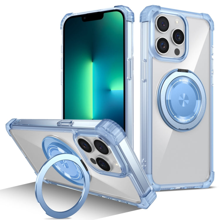 For iPhone 13 Pro Gold Shield CD Pattern MagSafe Magnetic Phone Case with Rotating Stand(Transparent Blue) by buy2fix