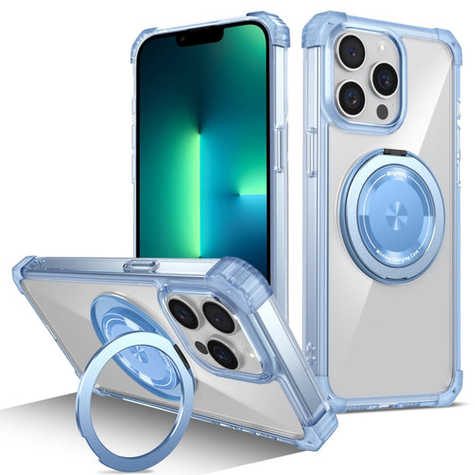 For iPhone 13 Pro Gold Shield CD Pattern MagSafe Magnetic Phone Case with Rotating Stand(Transparent Blue) by buy2fix