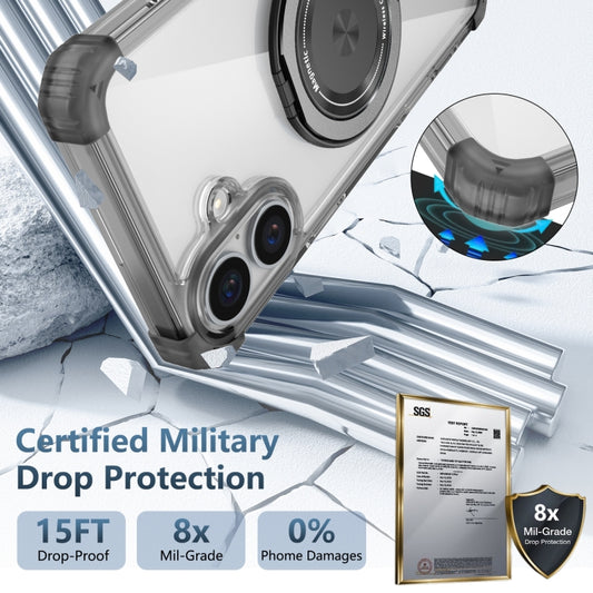 For iPhone 16 Gold Shield CD Pattern MagSafe Magnetic Phone Case with Rotating Stand(Transparent Black) by buy2fix