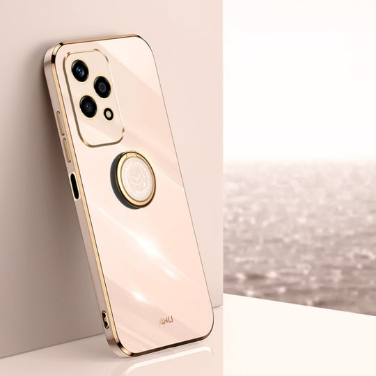 For Honor 200 Lite Global XINLI Straight 6D Plating Gold Edge TPU Shockproof Case with Ring Holder(Pink)