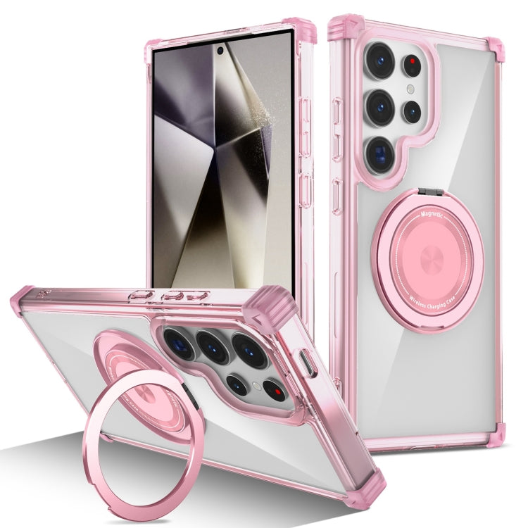 For Samsung Galaxy S24 Ultra 5G Gold Shield CD Pattern MagSafe Magnetic Phone Case with Rotating Stand(Transparent Pink) - Galaxy S24 Ultra 5G Cases by buy2fix | Online Shopping UK | buy2fix