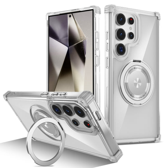 For Samsung Galaxy S24 Ultra 5G Gold Shield CD Pattern MagSafe Magnetic Phone Case with Rotating Stand(Transparent)