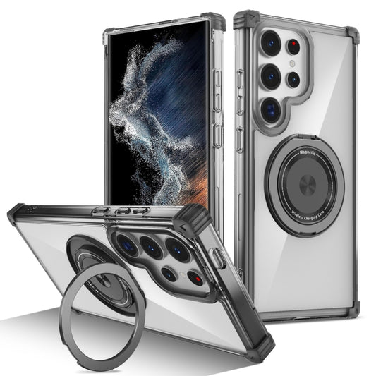 For Samsung Galaxy S22 Ultra 5G Gold Shield CD Pattern MagSafe Magnetic Phone Case with Rotating Stand(Transparent Black) by buy2fix