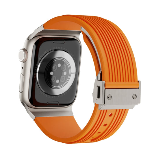 For Apple Watch SE 2023 44mm Vertical Texture Titanium Buckle Elastic Silicone Watch Band(Orange) by buy2fix