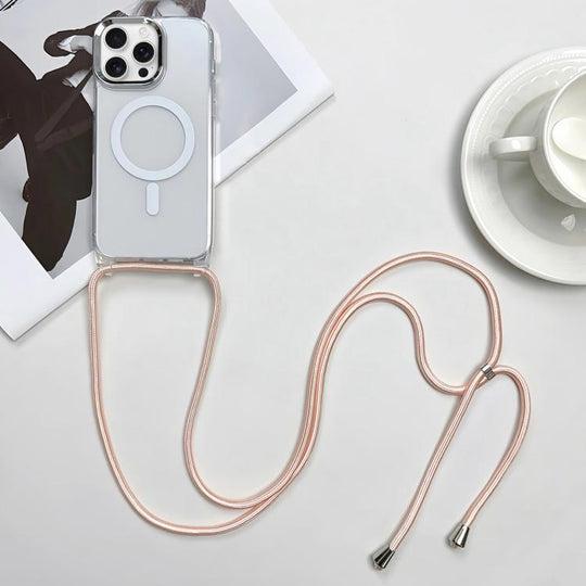 For iPhone 16 Pro Max MagSafe Magnetic PC + TPU Phone Case with Lanyard(Pink Gold)