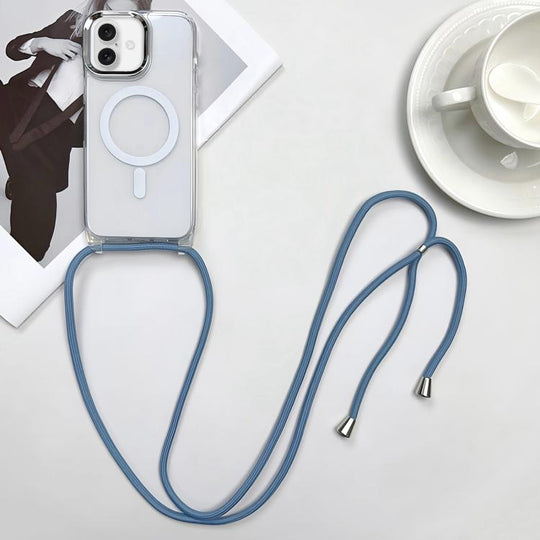 For iPhone 16 MagSafe Magnetic PC + TPU Phone Case with Lanyard(Grey Blue)