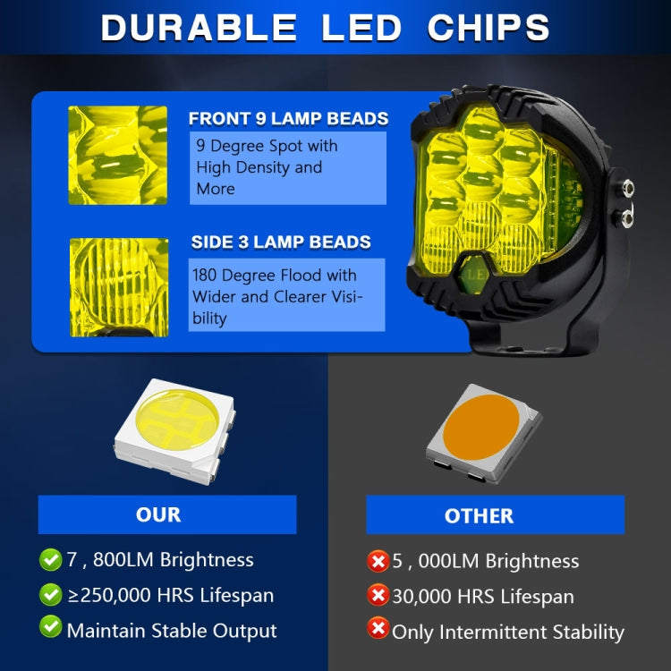 11W 12000lm 6000K 3 inch Car Three-sided Flash Work Light(Yellow Light) - LED Headlamps by buy2fix | Online Shopping UK | buy2fix