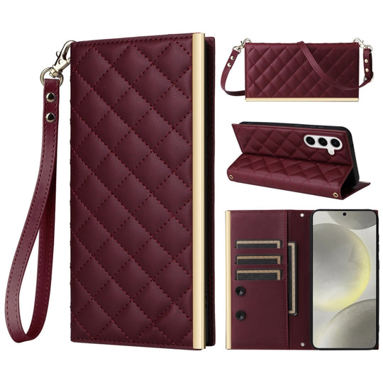 For Samsung Galaxy S24 / S25 5G Crossbody Rhombic Sucker Leather Phone Case(Claret)
