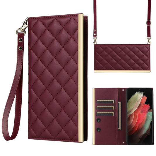 For Samsung Galaxy S21 Ultra 5G Crossbody Rhombic Sucker Leather Phone Case(Claret) - Galaxy S21 Ultra 5G Cases by buy2fix | Online Shopping UK | buy2fix