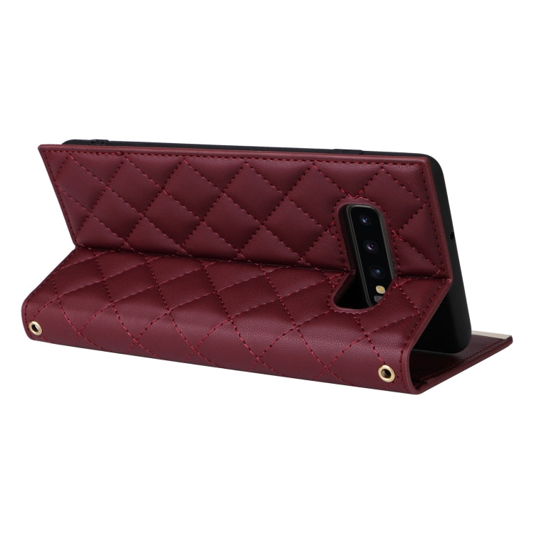 For Samsung Galaxy S10+ Crossbody Rhombic Sucker Leather Phone Case(Claret) by buy2fix