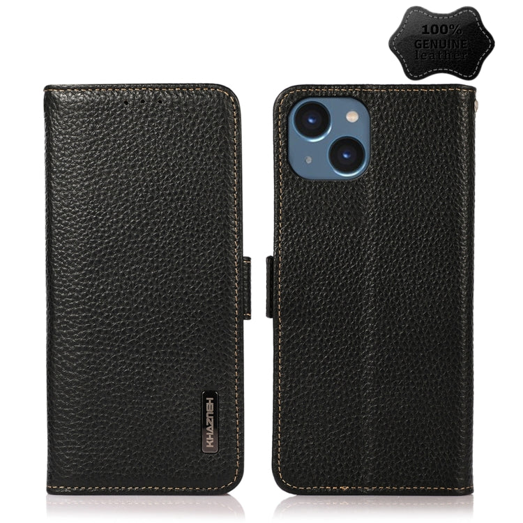 For iPhone 15 KHAZNEH Side-Magnetic Litchi Genuine Leather RFID Phone Case(Black) - iPhone 15 Cases by buy2fix | Online Shopping UK | buy2fix