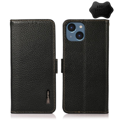 For iPhone 15 KHAZNEH Side-Magnetic Litchi Genuine Leather RFID Phone Case(Black) - iPhone 15 Cases by buy2fix | Online Shopping UK | buy2fix