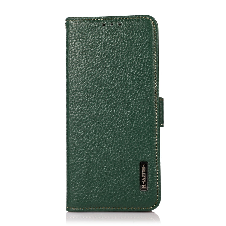 For iPhone 15 KHAZNEH Side-Magnetic Litchi Genuine Leather RFID Phone Case(Green) - iPhone 15 Cases by buy2fix | Online Shopping UK | buy2fix
