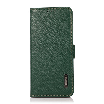 For iPhone 15 KHAZNEH Side-Magnetic Litchi Genuine Leather RFID Phone Case(Green) - iPhone 15 Cases by buy2fix | Online Shopping UK | buy2fix