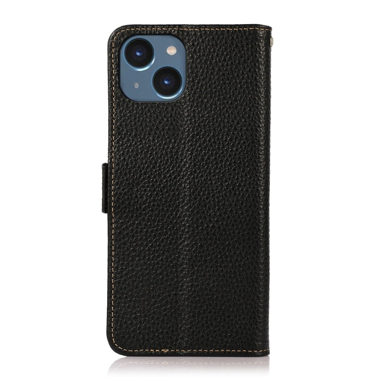 For iPhone 15 Plus KHAZNEH Side-Magnetic Litchi Genuine Leather RFID Phone Case(Black) - iPhone 15 Plus Cases by buy2fix | Online Shopping UK | buy2fix