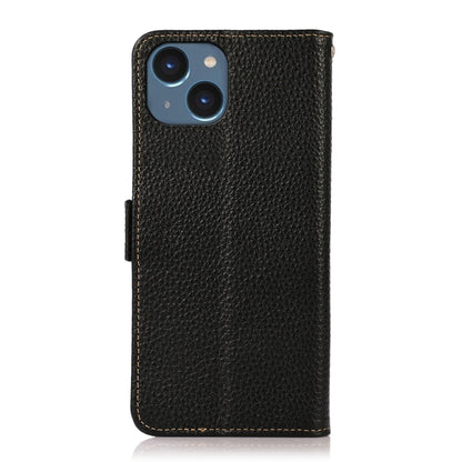 For iPhone 15 Plus KHAZNEH Side-Magnetic Litchi Genuine Leather RFID Phone Case(Black) - iPhone 15 Plus Cases by buy2fix | Online Shopping UK | buy2fix