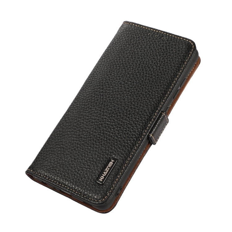 For iPhone 15 Plus KHAZNEH Side-Magnetic Litchi Genuine Leather RFID Phone Case(Black) - iPhone 15 Plus Cases by buy2fix | Online Shopping UK | buy2fix