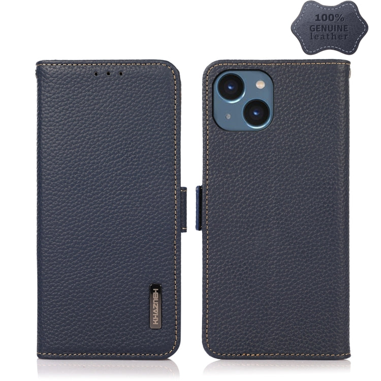 For iPhone 15 Plus KHAZNEH Side-Magnetic Litchi Genuine Leather RFID Phone Case(Blue) - iPhone 15 Plus Cases by buy2fix | Online Shopping UK | buy2fix