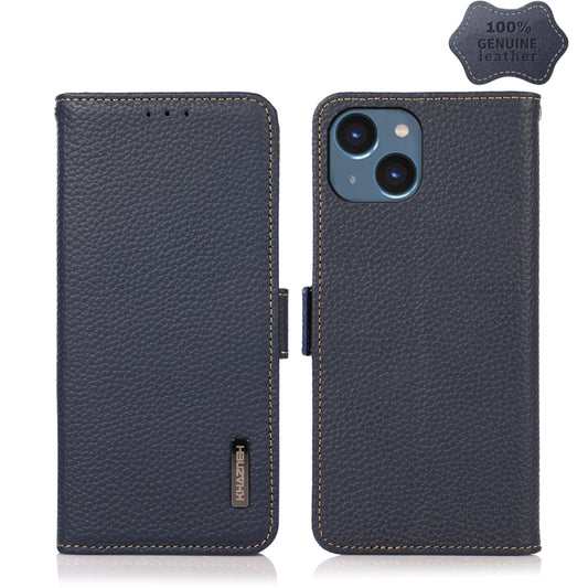 For iPhone 15 Plus KHAZNEH Side-Magnetic Litchi Genuine Leather RFID Phone Case(Blue) - iPhone 15 Plus Cases by buy2fix | Online Shopping UK | buy2fix