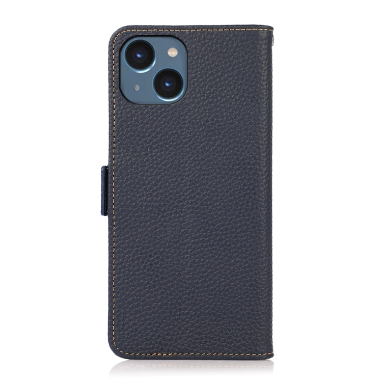 For iPhone 15 Plus KHAZNEH Side-Magnetic Litchi Genuine Leather RFID Phone Case(Blue) - iPhone 15 Plus Cases by buy2fix | Online Shopping UK | buy2fix