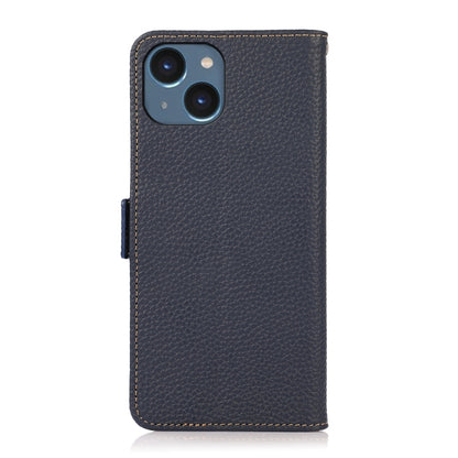 For iPhone 15 Plus KHAZNEH Side-Magnetic Litchi Genuine Leather RFID Phone Case(Blue) - iPhone 15 Plus Cases by buy2fix | Online Shopping UK | buy2fix
