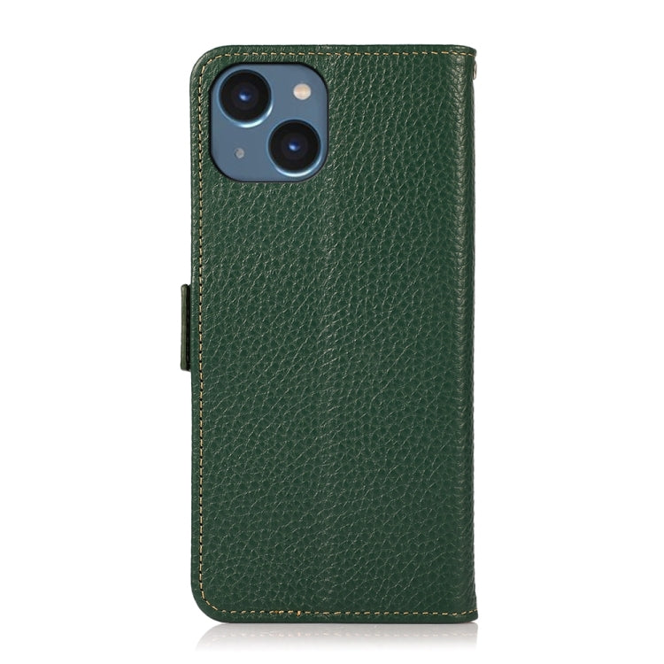 For iPhone 15 Plus KHAZNEH Side-Magnetic Litchi Genuine Leather RFID Phone Case(Green) - iPhone 15 Plus Cases by buy2fix | Online Shopping UK | buy2fix