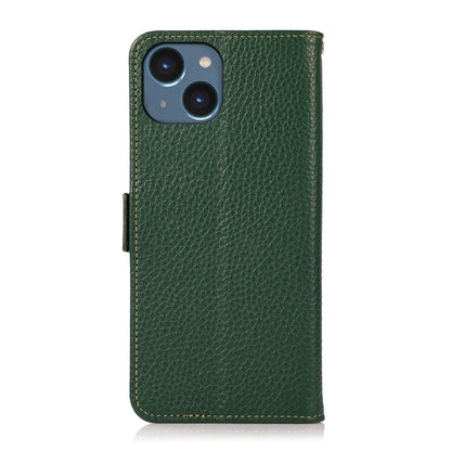 For iPhone 15 Plus KHAZNEH Side-Magnetic Litchi Genuine Leather RFID Phone Case(Green) - iPhone 15 Plus Cases by buy2fix | Online Shopping UK | buy2fix