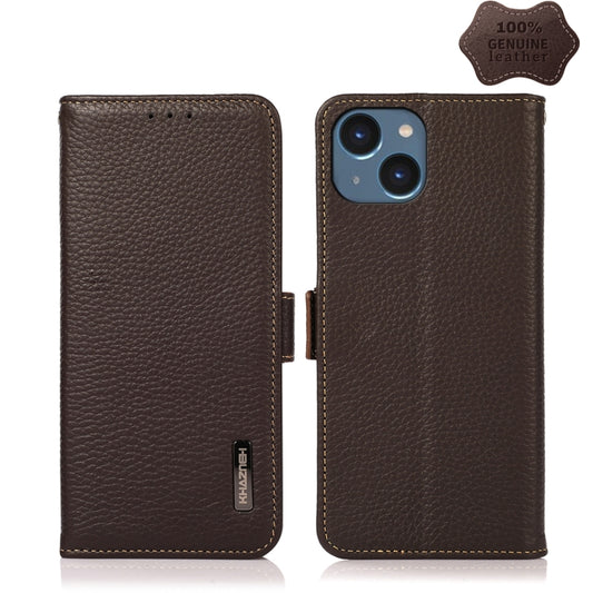 For iPhone 15 Plus KHAZNEH Side-Magnetic Litchi Genuine Leather RFID Phone Case(Brown) - iPhone 15 Plus Cases by buy2fix | Online Shopping UK | buy2fix