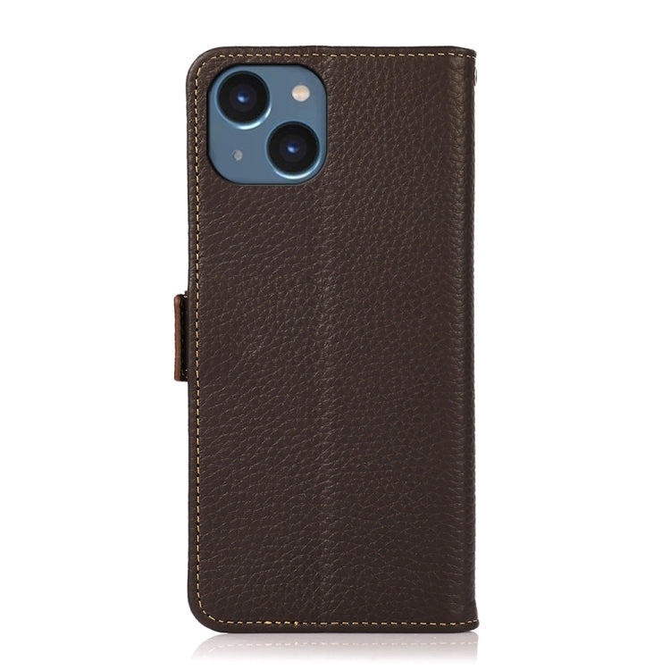 For iPhone 15 Plus KHAZNEH Side-Magnetic Litchi Genuine Leather RFID Phone Case(Brown) - iPhone 15 Plus Cases by buy2fix | Online Shopping UK | buy2fix