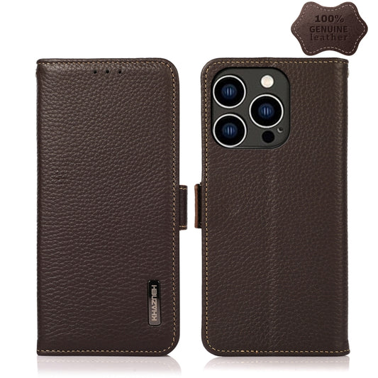 For iPhone 15 Pro KHAZNEH Side-Magnetic Litchi Genuine Leather RFID Phone Case(Brown) - iPhone 15 Pro Cases by buy2fix | Online Shopping UK | buy2fix