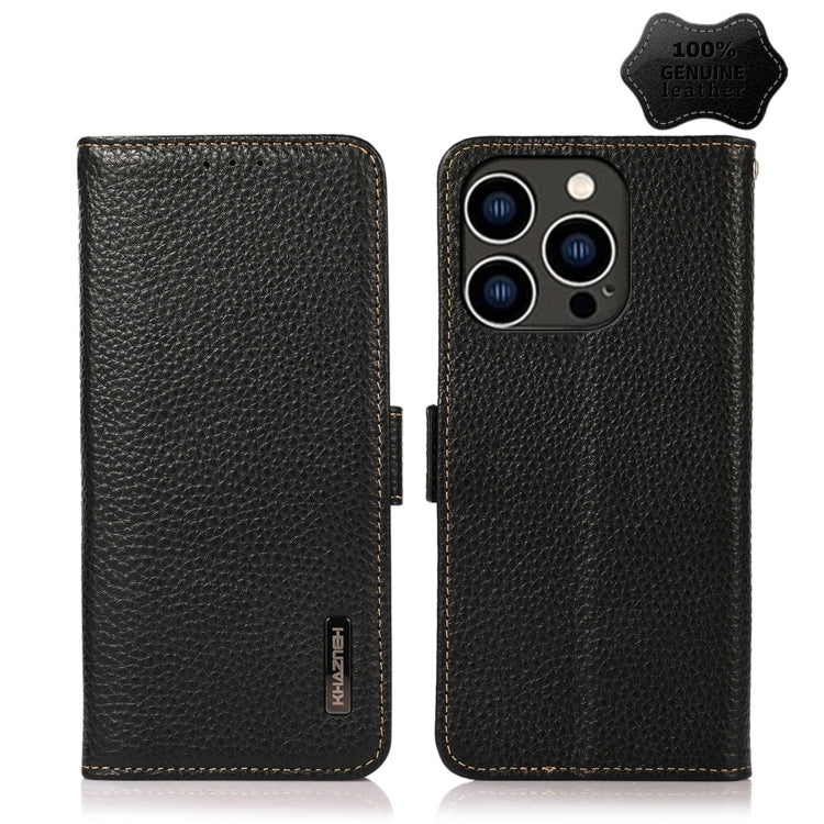 For iPhone 15 Pro Max KHAZNEH Side-Magnetic Litchi Genuine Leather RFID Phone Case(Black) - iPhone 15 Pro Max Cases by buy2fix | Online Shopping UK | buy2fix