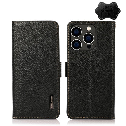 For iPhone 15 Pro Max KHAZNEH Side-Magnetic Litchi Genuine Leather RFID Phone Case(Black) - iPhone 15 Pro Max Cases by buy2fix | Online Shopping UK | buy2fix