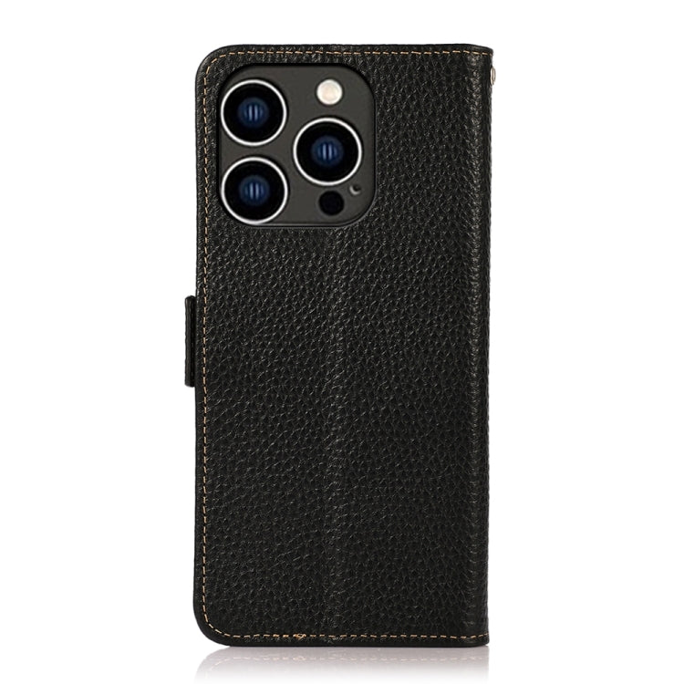 For iPhone 15 Pro Max KHAZNEH Side-Magnetic Litchi Genuine Leather RFID Phone Case(Black) - iPhone 15 Pro Max Cases by buy2fix | Online Shopping UK | buy2fix