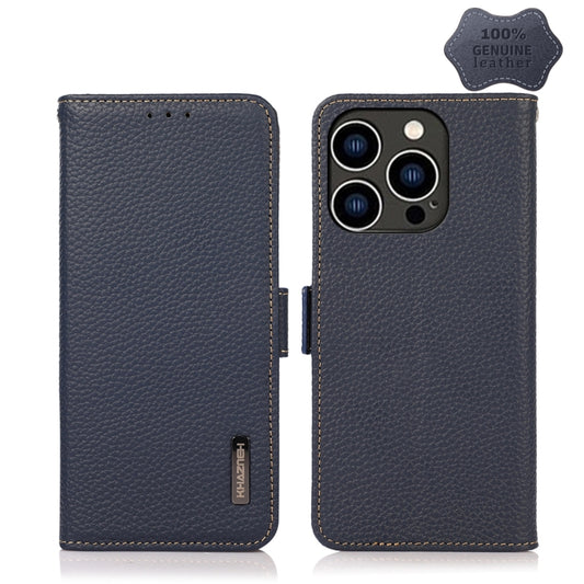 For iPhone 15 Pro Max KHAZNEH Side-Magnetic Litchi Genuine Leather RFID Phone Case(Blue) - iPhone 15 Pro Max Cases by buy2fix | Online Shopping UK | buy2fix